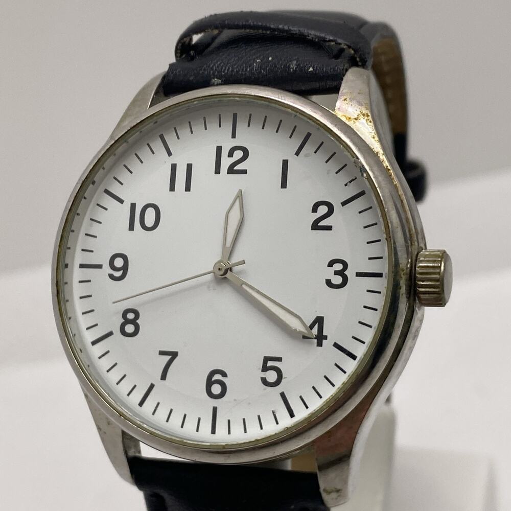 Mens Silver Black Leather Watch Worn Works New Battery